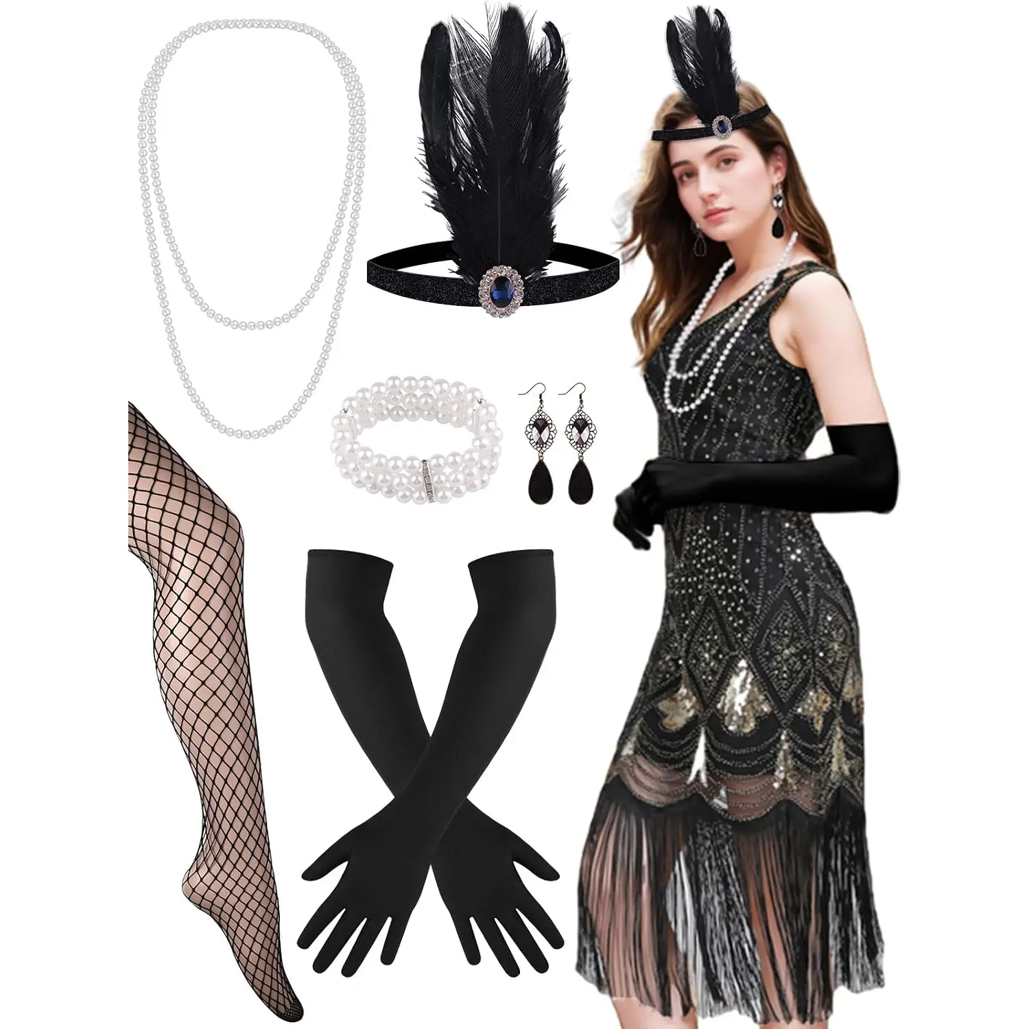 1920s Dresses for Women, Sequin Fringed Gatsby Flapper Cocktail Dresses with 20s Accessories Set, Roaring 20s Costumes