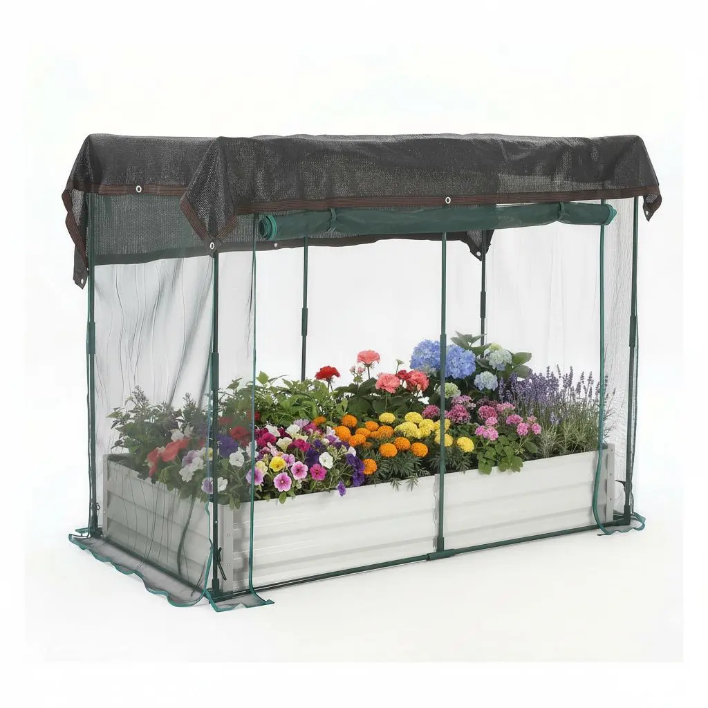 Garvee Silver Galvanized Metal Raised Garden Bed with Crop Cage, 8×4×1 FT Outdoor Planter Box with Plant Protection Net, Shade Cloth Roof & Zippered Animal Barrier Doors, Gardening Container for Vegetables, Herbs & Flowers