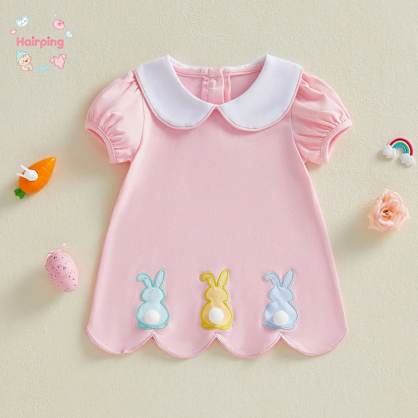 Baby Girl Easter Bunny Dress, Pink Peter Pan Collar Puff Sleeve Dress with 3D Rabbit Embroidery, Cute Spring Summer Outfit for Infant & Toddler, Ideal for Easter Party & Photoshoot