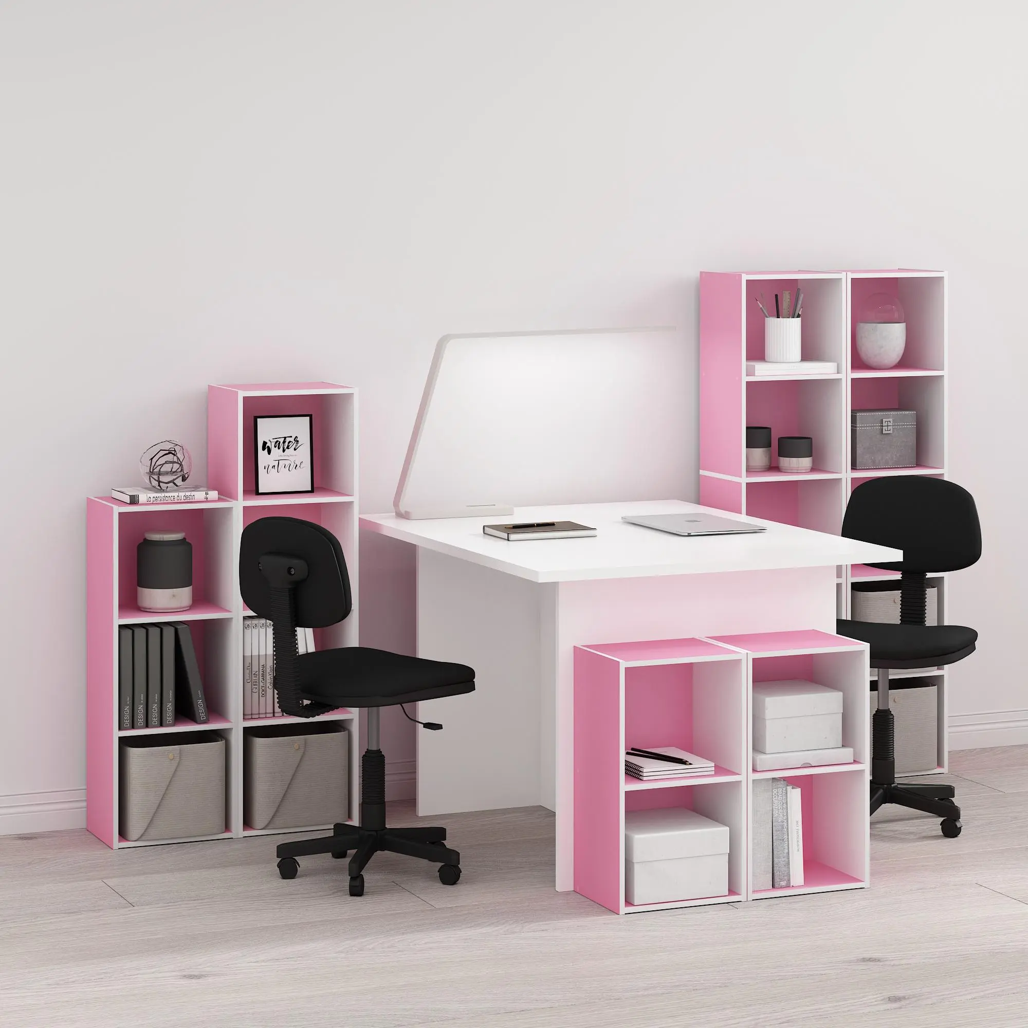 PASIR Contemporary 5-Tier Open Shelves Bookshelf - Sturdy Composite Wood Indoor Furniture, 12(w)x52.1(h)x9.3(d)in Pink/White Home Library Storage System, Assembly Required for Bedroom, Living Room, Modern Design Style