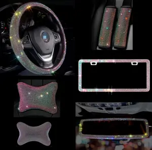 Ultra Set Fashion Car Women's Universal Bling, Ultra Shiny Steering Wheel Cover, Rearview Mirror, License Plate Cover Bling, Seatbelts Cover, 2 Headrest Pillows (Colorful)