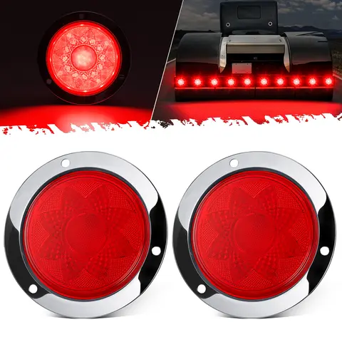 Partsam 2Pcs 4 Inch Round LED Trailer Strobe Lights Red Lotus Pattern Stop Turn Tail Running Lamps Chrome Bezel Waterproof Connector 12V IP65
