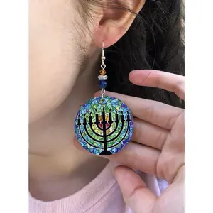 Hanukkiah a Chanukkah 9 candle menora round Dangle Earrings with glass beads. A Unique gift idea for Hanukkah