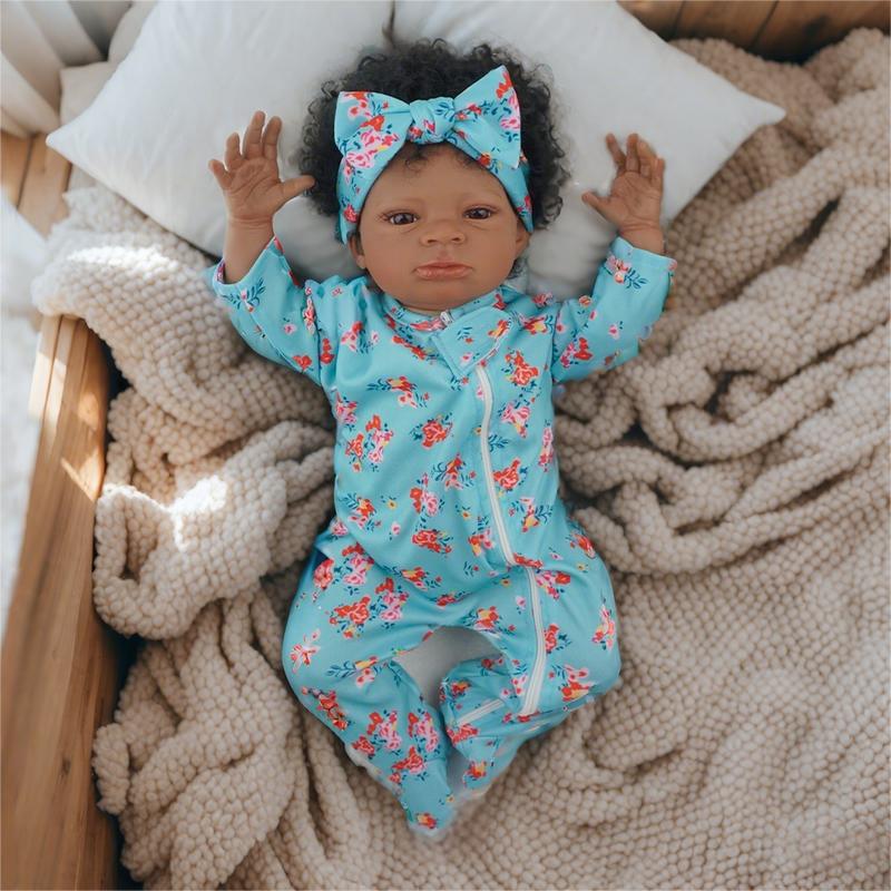 Reborn African American Reborn Dolls 20 Inch 50 cm Black Reborn Baby Dolls Newborn Baby, Lighter Brown Skin Vinyl Reborn Toddler Dolls with Cloth Body Curly Hair Gift for Age3+