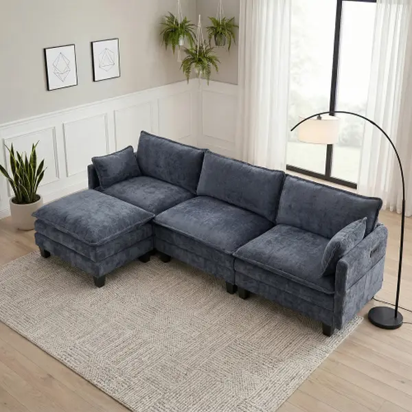 Modern Blue L-Shaped Sectional Sofa 110" Couch for Living Room with Movable Ottomans &  Pillows Plush Comfort for Family Gatherings