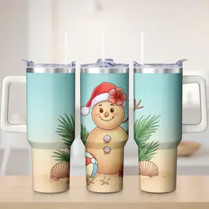 Stainless Steel Tumbler with Handle - Teal & Beige Gradient - Desert Cactus and Crab Design - Outdoor Picnic and Camping Use