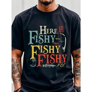 Men's "Here Fishy Fishy" Graphic T-Shirt - 100% Cotton Breathable Quick-Dry Crew Neck Tee with Colorful Fishing Design