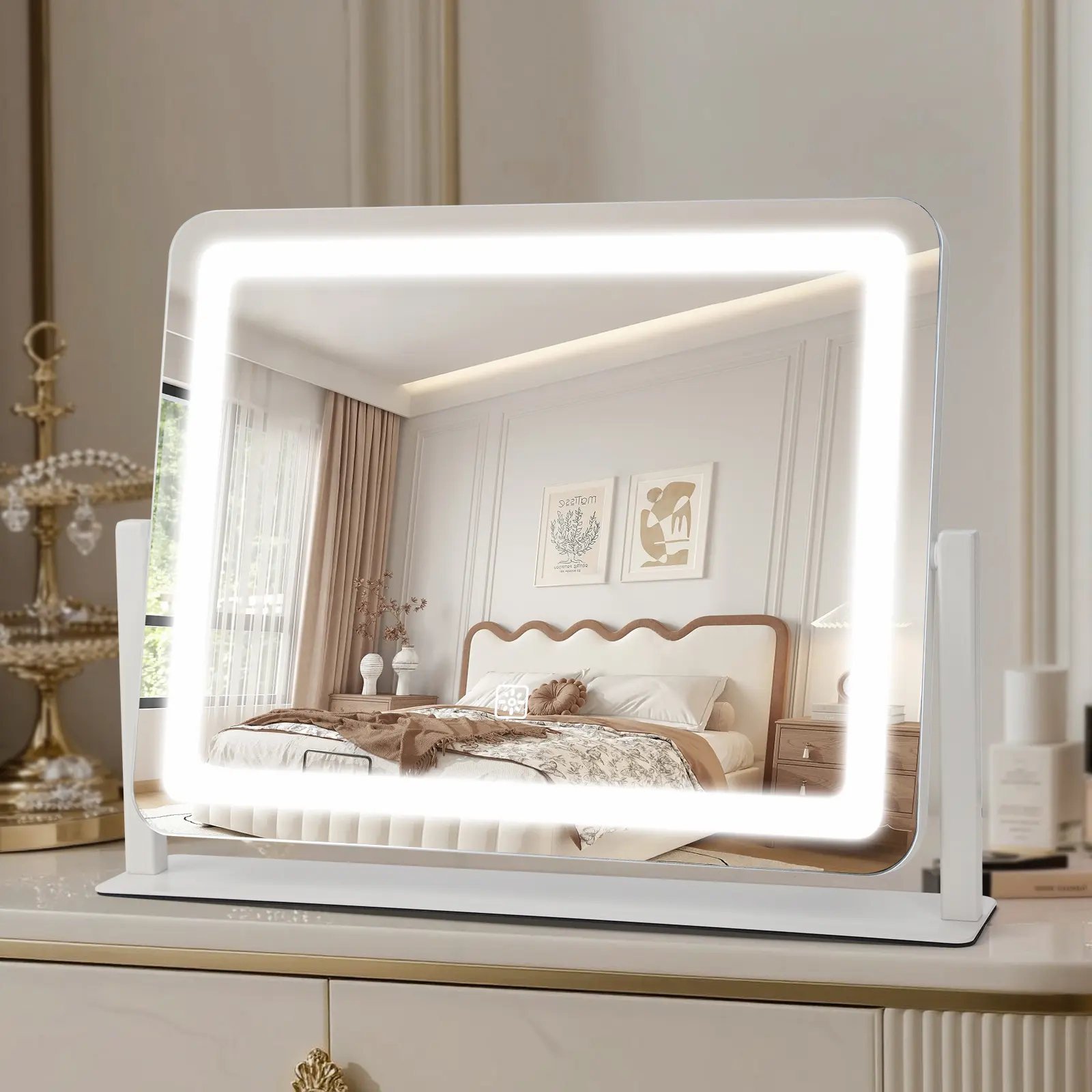 Vanity Mirror with Lights, 16×12in Rechargeable 3000mAh LED Makeup Mirror, 10X Magnification, Smart Touch Control 3-Color Bright Lights, 360° Rotatable for Bedroom Makeup Desk White Decor, Bedroom/Office Use
