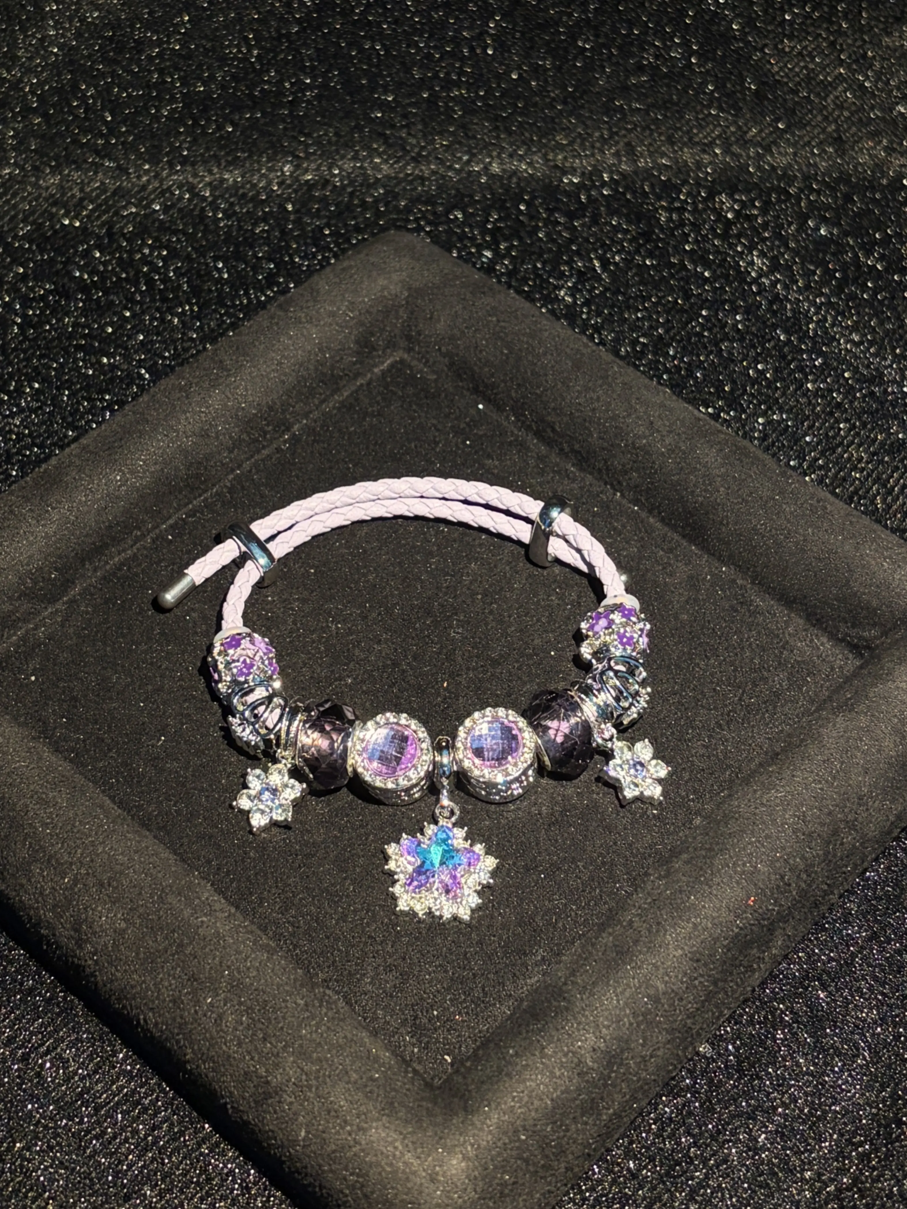 Purple Star & Flower Multi-Charm Braided Rope Bracelet - Sparkly Rhinestone Crystal Decor, Stackable Fashion Jewelry Gift for Women