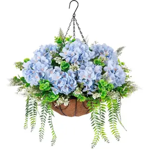 Artificial Hydrangea Flowers with Basket for Decoration, Fake Silk Hydrangea Flower Indoor Arrangements, Fake Plants for Balcony Yard(Blue)