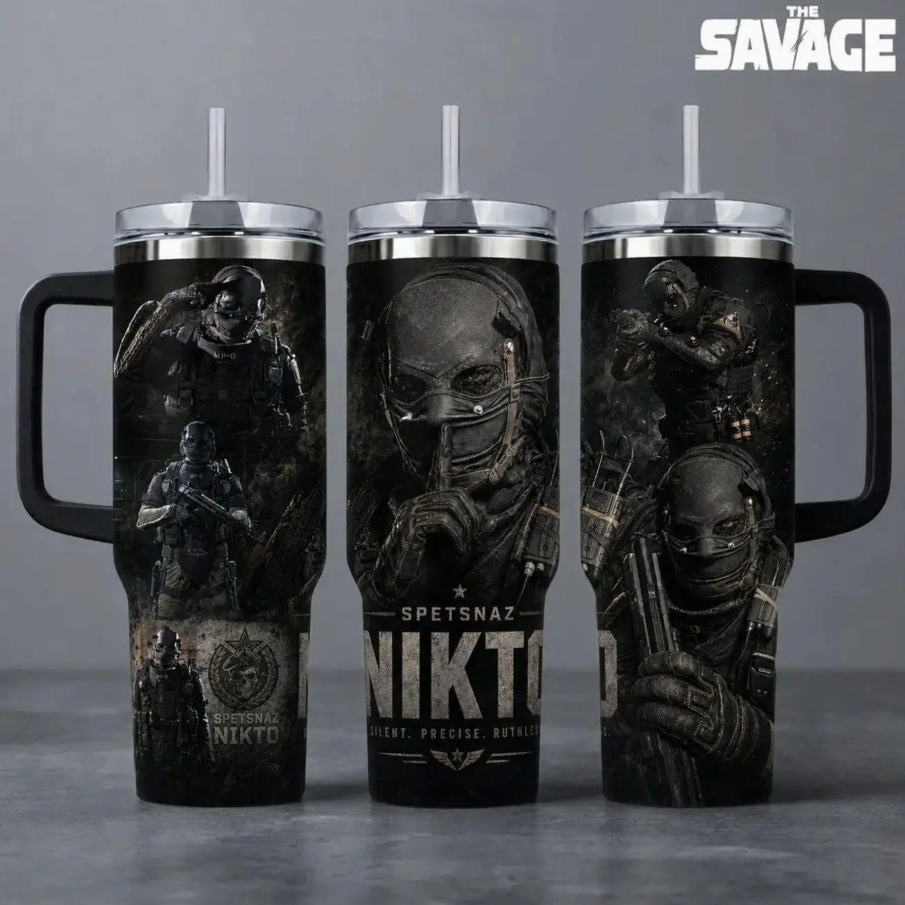 Call of Duty "Nikto - Spetsnaz Silent Precise Ruthless" Gaming Tumbler, 20oz & 40oz Insulated Travel Mug with Handle. Military Tactical Operator Graphic Merch, Perfect Gift for COD Fans