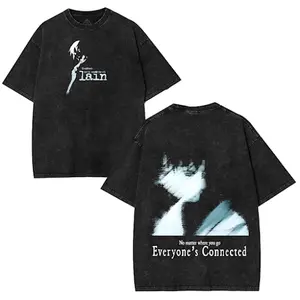 Retro Vintage Serial Experiments Lain Anime Unisex Anime Manga Washed Heavy Cotton T-shirt, Anime Clothing Menswear