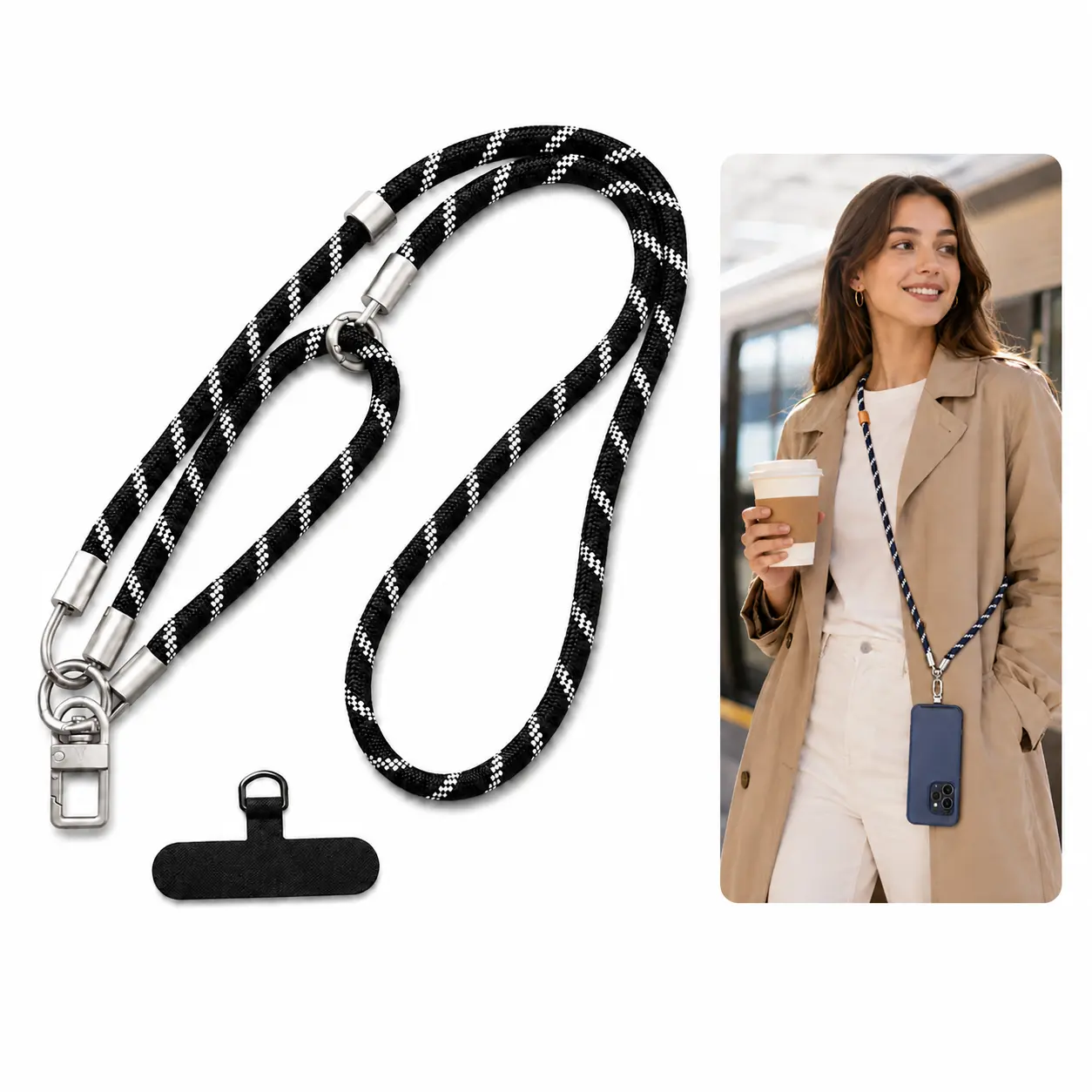3-in-1 Detachable Phone Lanyard Crossbody Bag – Universal Adjustable Hands-Free Camera Neck Strap with Patch, Multi-Functional Mobile Phone Wrist Lanyard for Women