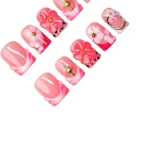 “Pink Floral Press On Nails – Handmade Reusable Nail Set”
