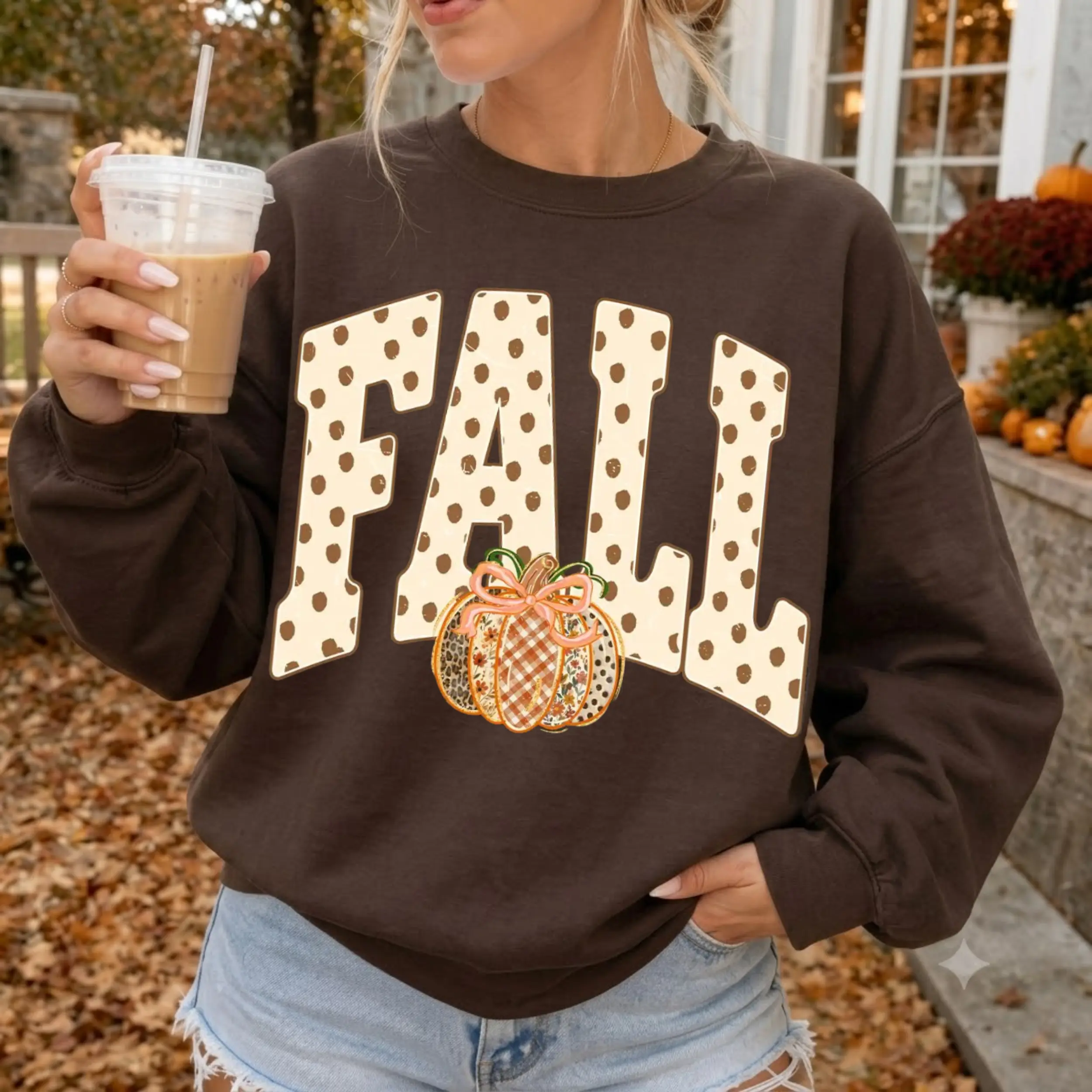 Preppy Fall Polka Dot Pumpkin Bow Sweatshirt, Coquette Floral Gingham Graphic Crewneck, Cute Polka Dot Autumn Pullover, Thanksgiving Gift