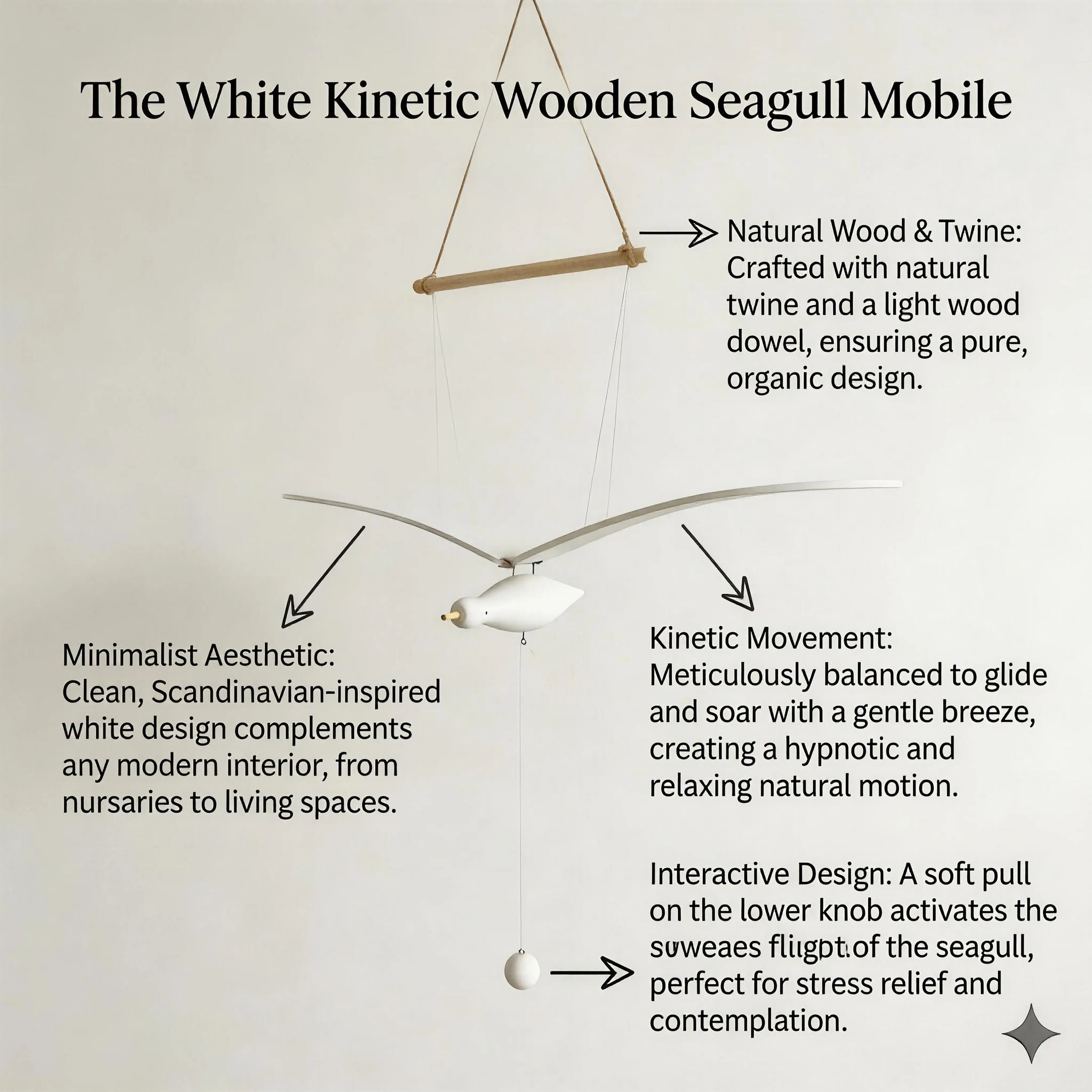 Smooth Minimalist Aesthetic Wooden Seagull Shape Mobile - Hangable Coastal Home Supplies, Kinetic Sculpture for Beach House Balcony, Large Soaring Bird Nautical Decor Gift