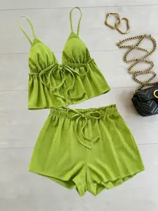 Women's V Neck Drawstring Tank Top & High Waist Shorts Matching Set, Sweet Casual Solid Color, Youthful Style, Perfect for Daily Wear