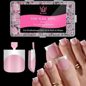 Press On Toenails for Women French Tips, Sharp Square Pre-applied Primer & Base Coat Toe Nail Press Ons Baby Pink Full Cover Fake Tips Extension 15 Sizes 270 Pcs, Builder Nail Gel & Top Coat Required