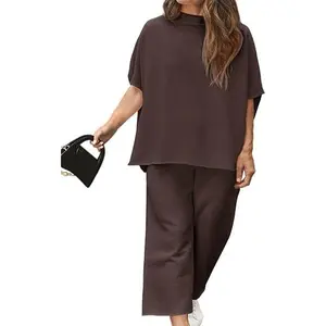 TANKANEO Women's Plus Size 2 Piece Outfits 3/4 Batwing Sleeve Capelet Crew Neck Pullover Top Wide Leg Pants Lounge Set