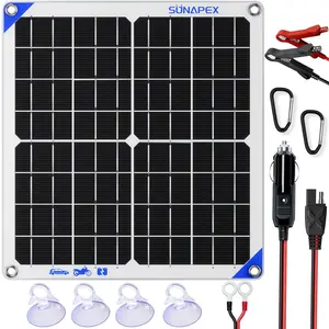 SUNAPEX Solar Battery Charger Maintainer, 20W 12V Portable Waterproof Solar Panel Trickle Charger with Built-in Charge Controller, Cig Plug, Alligator Clips, O-Rings for Car, Truck,Tractor, Boat, etc