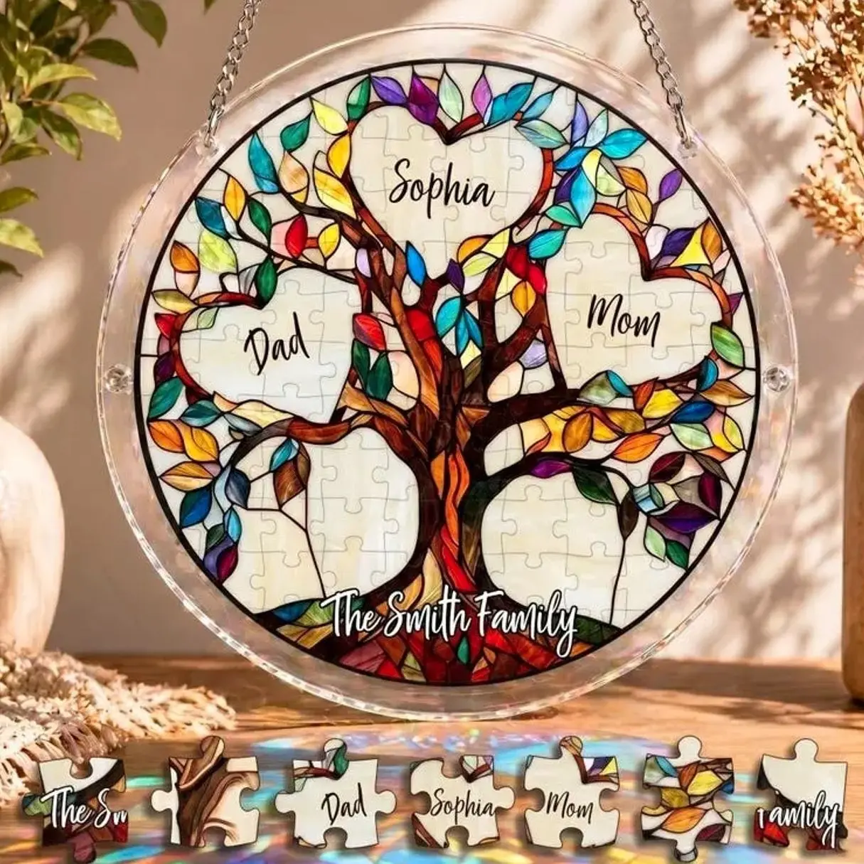 Personalized Family Tree of Life Suncatcher Puzzle DIY Kit, Birth Flower Mother's Day Gift 2026, Unbreakable Bond Window Hanging Decor Art