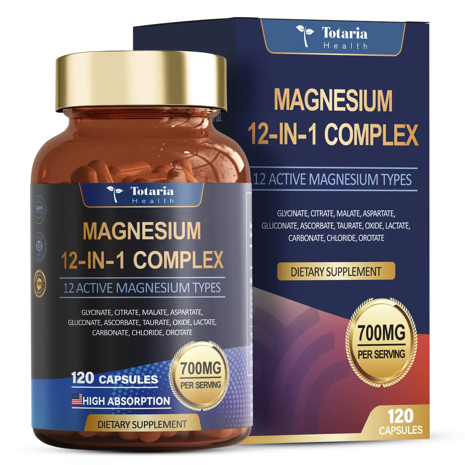 Totaria 12-in-1 Magnesium Complex 700mg - Supplement with Glycinate Citrate Malate Oxide Taurate Aspartate Orotate, Vegan Capsules for Muscle, Heart,