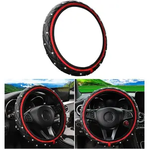 Bling  Steering Wheel Cover, 14.5-15"  Rhinestone Elastic Stretch Leather Non-Slip Steering Wheel Protector, Auto Interior Decoration Accessories, Universal for  (Red)