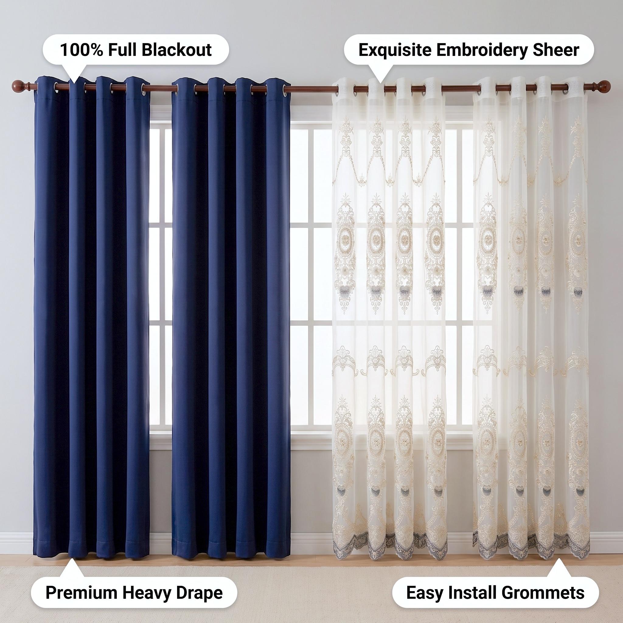 4 Panels Combination Grommets Curtains Including : 2 Panels 52x84 inch Solid Blackout Curtains & 2 Panels 52x90 inch Luxuary Embroidery Curtains QF222 QF78 noise reduction