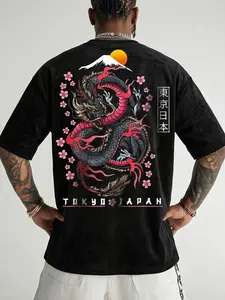 Men's Japanese Dragon Tee | "Tokyo Japan" Text & Cherry Blossom Print | Relaxed Loose Fit | Breathable Lightweight Material | Ideal for Street Style & Daily Wear | Must-Have Oriental Wardrobe Piece
