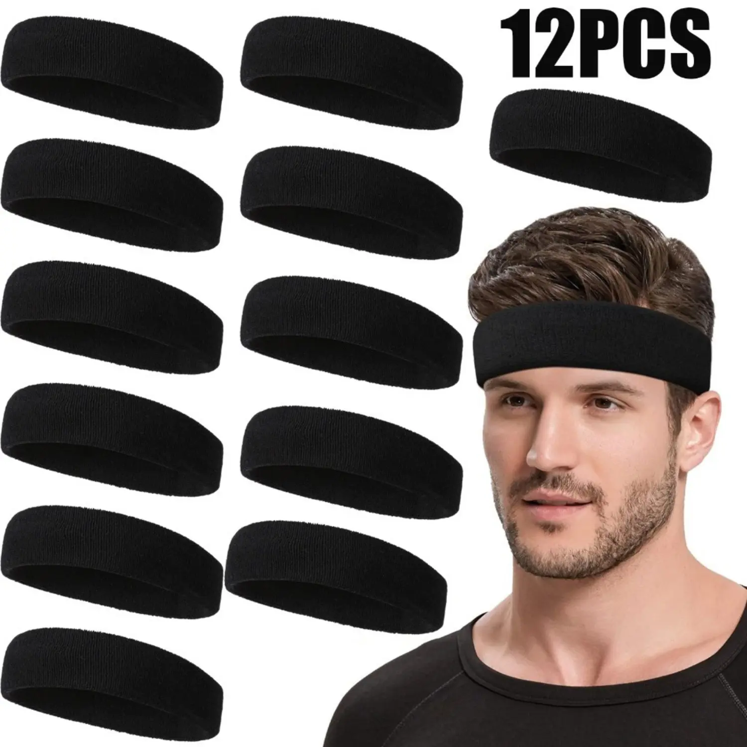 12 Packs Black Sweatbands, Cotton Sports Headbands Women, Moisture Wicking Athletic Headband for Athletic Exercise, Tennis, Running, Basketball, Working Out, Yoga outdoor clothing accessory workout headband
