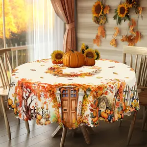 1pc Autumn Harvest Thanksgiving Round/Rectangular Tablecloth, Fall Table Cover with Maple Leaves, Pumpkin, Sunflower & Pine Cone Patterns for Kitchen, Dining & Picnic Decor, Festive Gift