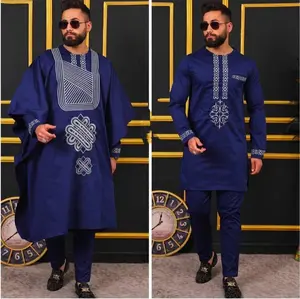 African Men's Clothing Cotton Embroidery Agbada Shirt Pants Matching Set 3 Piece Outfit Stylish Formal Traditional Wedding Attire Groom Groomsmen Guest Nigerian Party Birthday Anniversary Prom Graduation