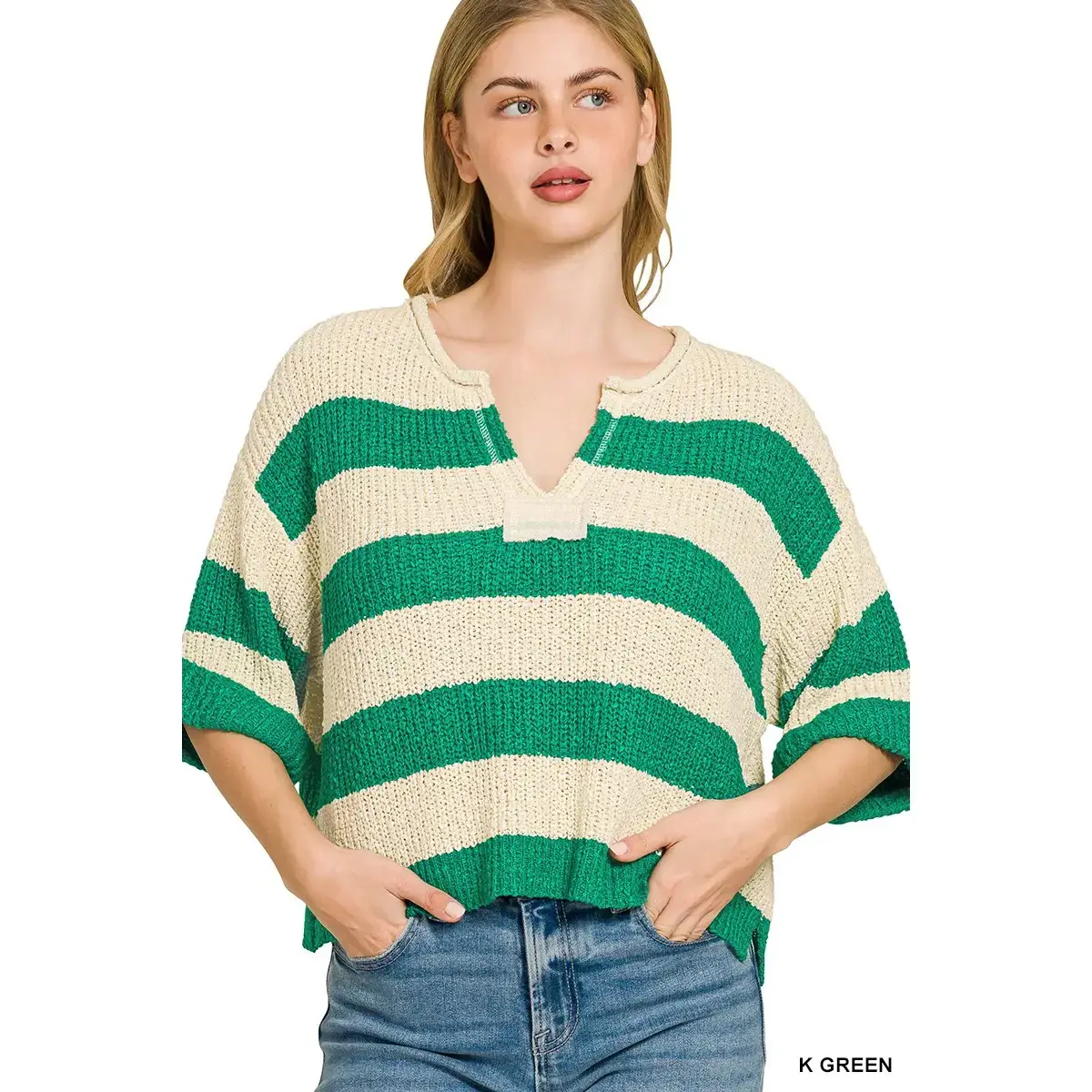 Zenana Split Neck Stripe Sweater