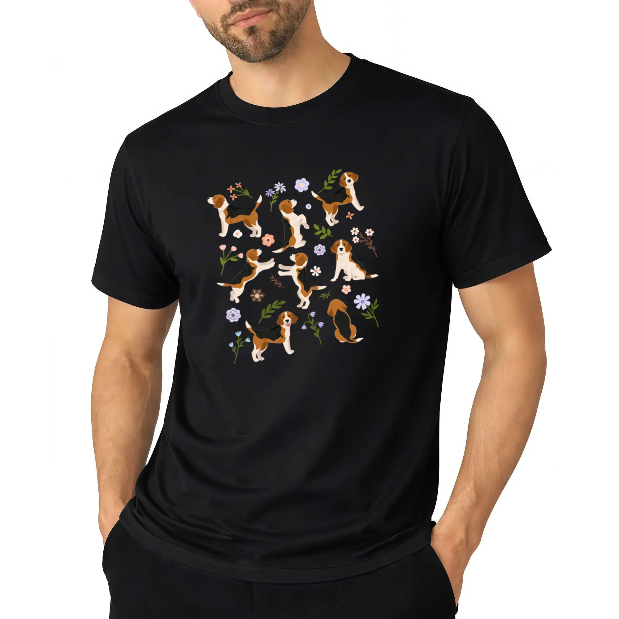 Beagle Dog Print T-Shirt - 100% Cotton Retro Tricolor Beagle & Floral design Casual Tee, Regular Fit Top, Funny Pet