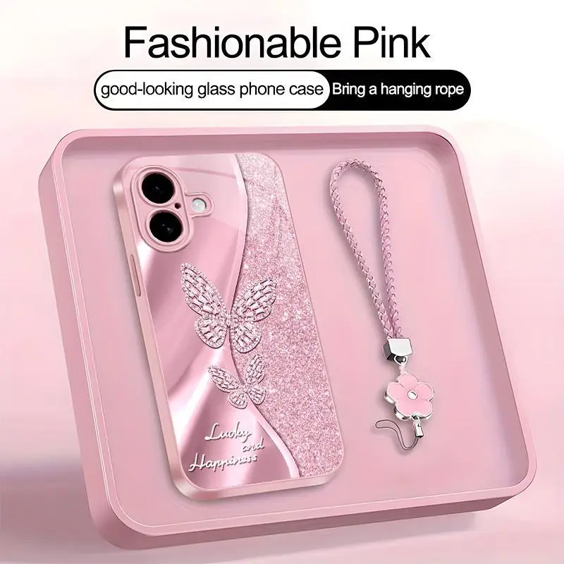 Suitable for [iPhone 16] high-end women's phone case🥰，a beautiful four-leaf clover lanyard is included🍀，A beautiful, sophisticated printed butterfly pattern—not sequins YM99