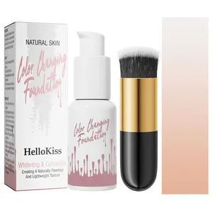 Color Changing Foundation with Makeup Brush, Concealer Foundation Hybrid, 2pcs Long Lasting Natural Makeup Moisturizing Oil Control Cream & Brush, Moisture Foundation Full Coverage Makeup Products for Women, Concealer, Cosmetic, Hydrating Makeup