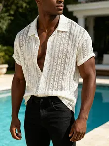 Men's Lace Crochet Short Sleeve Shirt, Breathable Sheer Mesh Button Down, Hollow Out Design, Casual Beach Top, Stylish Summer Wear, Casual Boho Shirt