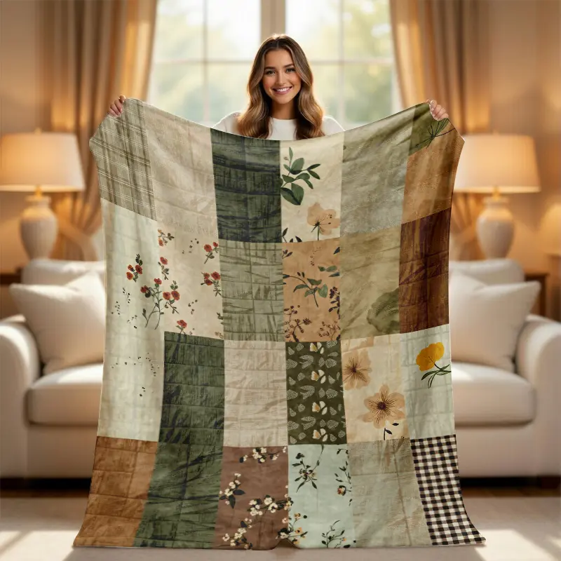 Cottagecore Floral Patchwork Throw Blanket - Sage Green & Earth Tone Aesthetic Cozy  Blanket - Vintage Boho Farmhouse Decor for Couch & Bed - Soft Gift for Her, Flower Blankets, Boho Blankets