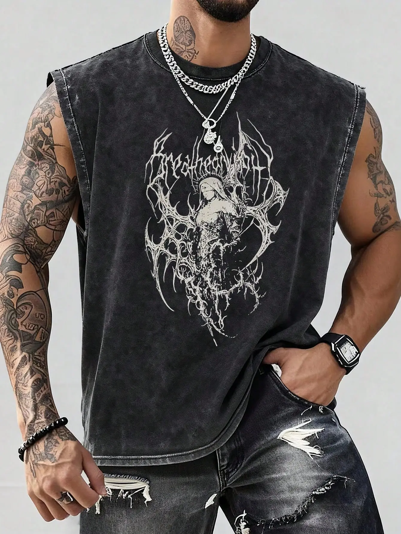 Men's Vintage Wash Soft Cotton Ribbed Crew Neck Tank Top - Relaxed Fit Graphic Print Breathable Apparel, Sleeveless All Seasons Top for Gym & Casual Wear, Hand Wash Only Menswear Vest