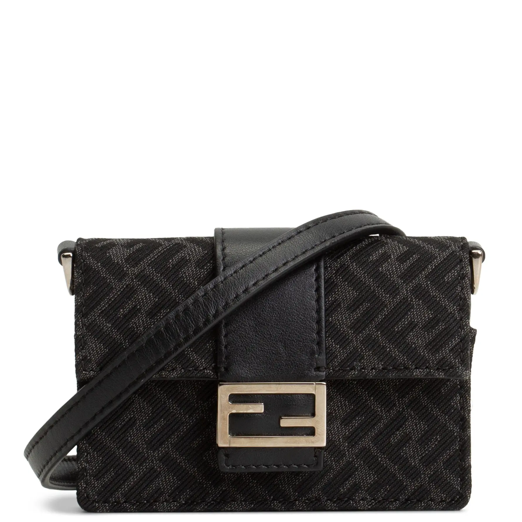 Pre-owned FENDI Zucca Print Canvas / Calfskin Leather Small Leather Goods Zucca Micro Flat Baguette Card Holder Black