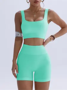 Women's Solid Ribbed Crop Top & High Waist Skinny Shorts Tracksuit Set, Sporty Casual Breathable for Yoga Gym Workout Running, Ladies Sportswear for All Seasons