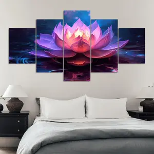5 Counts Unframed Canvas Poster, Glowing Lotus Flower Poster, Luminous, Exquisite Poster, Perfect Living Room Decoration, Modern Art, Fashion Family Poster, Wall Art Decoration, Odorless, Waterproof, Artwork