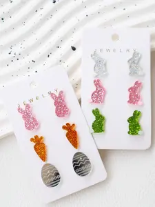 Easter Acrylic Bling Glittery Bunny Earrings Set, Cute Colorblock Egg Rabbit Ear Studs, Holiday Gift, Casual Style, All Seasons