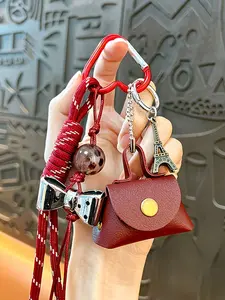 Retro Sweet-Cool, Compact Leather Bag Keychain Mini Eiffel Tower Beaded Pendant Niche Design Bag Charm Ornament Suitable For Students And Commuting, Versatile Can Hang Keys, Earphone Case, Backpack Girl Daily Outing Accessory, Bag Ornament