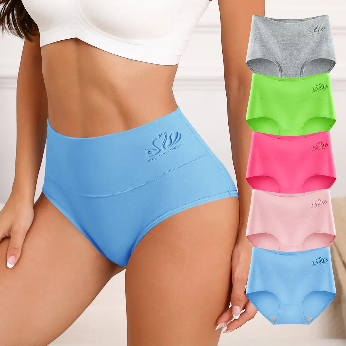 Hotcom Women's High-Waisted Underwear Little Swan Soft Comfortable Panties in Blue Green Pink Grey 3/4/5PCS Plus Size XS/XXL for Everyday Wear Elegance Bridal Soft Stylish Brief Basic summerwins
