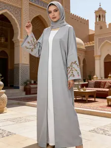 Women's Plain Embroidery Abaya, Loose Abayas, Modesty Abaya, Modest Long Sleeve Open Front Maxi Muslim Dress, Ladies Islamic Clothing for All Seasons