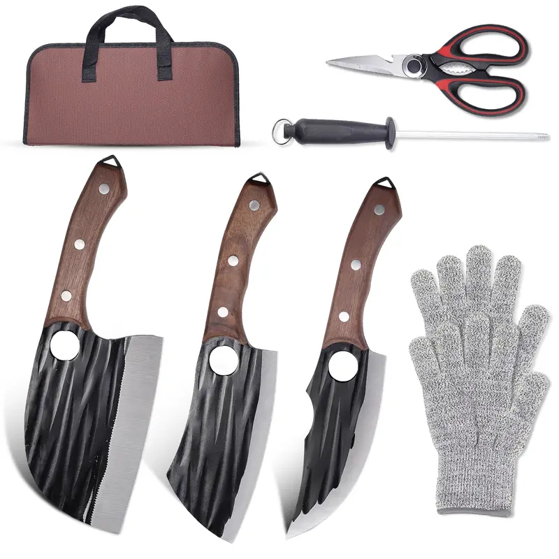 XNARLATH Carving Knife Set with Storage Bag - High Carbon Steel Full Tang Kitchen Utensil Set: Chopping Knife, Meat Cleaver, Serbian Chef Blade, Hand Forged Viking Tool for Meat Cutting Processing, Carvingknife, Chopping Knives