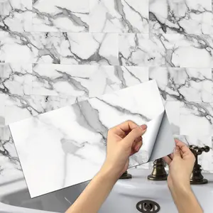 6/12/24/48 PCS FG Retro Tile Stickers Carrara White Marble PVC Crystal Film Self-Adhesive Waterproof Oil-Proof Splashback for Kitchen Bathroom Floor Tile Wood Home Decoration