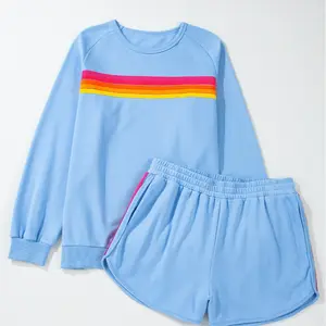 Beau Blue Striped Accent Pullover and Shorts Two Piece Casual Set Arrives in 12 to 15 days Clothing Outfit Round Neck Top
