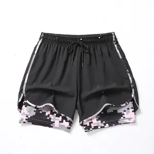 New women’s 2-in-1 casual running shorts with camouflage lining, fitness training shorts with pockets